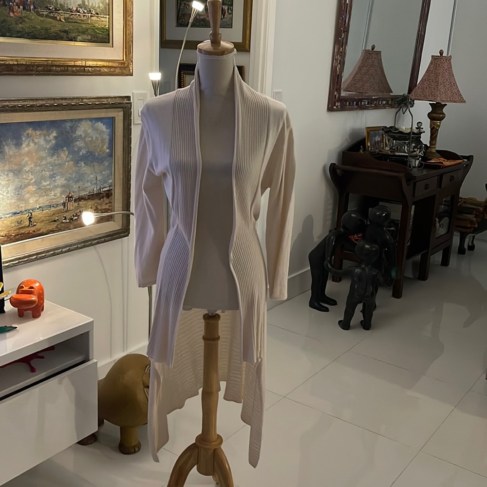 Kenar Cream High Low Open Cardigan Sweater